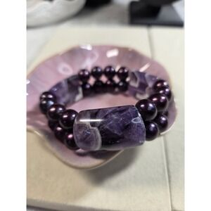 Genuine Amethyst & Dyed Freshwater Pearl Double Strand Stretch Bracelet 7.5"